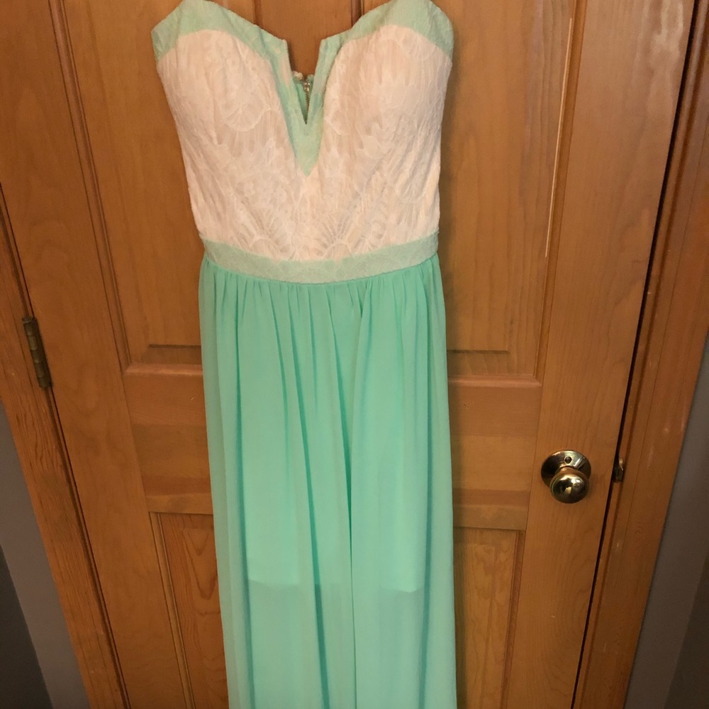 Strapless white and mint long dress